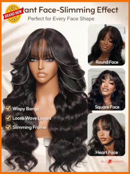 Body Wave Human Hair Wig with Wispy Bangs, Glueless Lace Front, Pre-Plucked main image 6